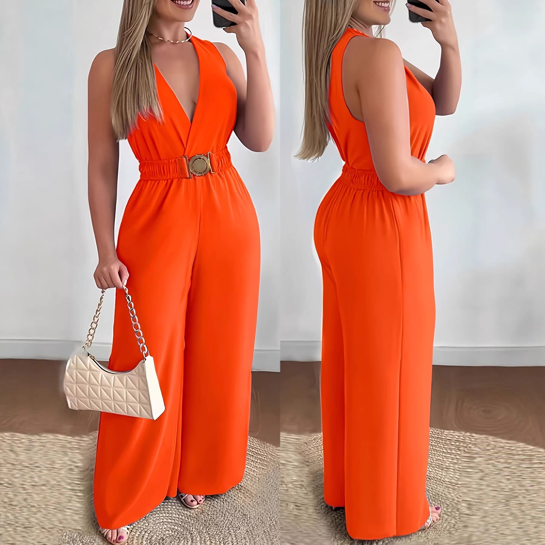 Elegante Mouwloze Jumpsuit met Diepe V-Hals en Wijde Pijpen