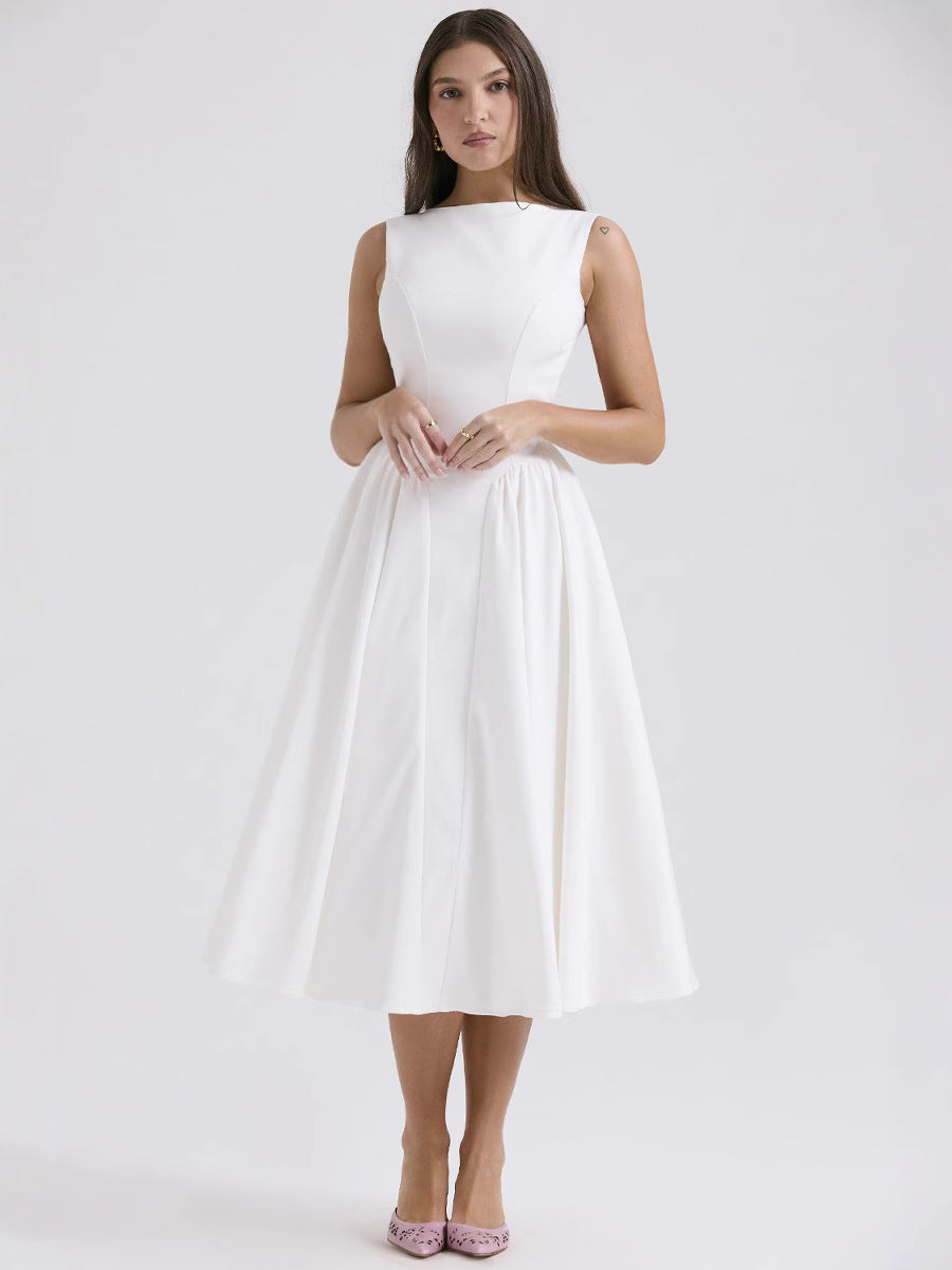 Sexy A-Lijn Zomerjurk Mouwloos Rugvrij Effen Polyester Wit Elegant