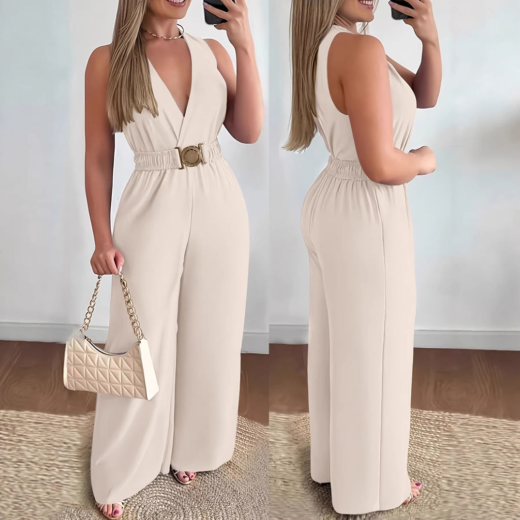 Elegante Mouwloze Jumpsuit met Diepe V-Hals en Wijde Pijpen