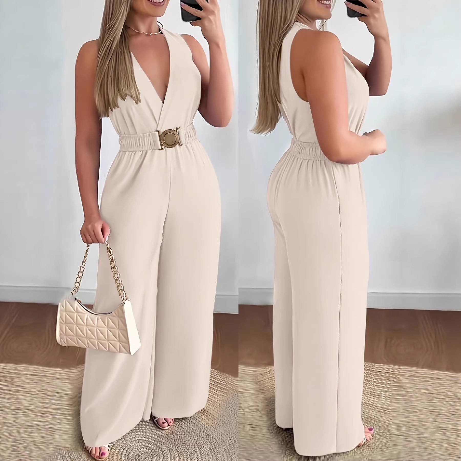 Elegante Mouwloze Jumpsuit met Diepe V-Hals en Wijde Pijpen