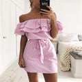 Europese Stijl Gestreepte Off-Shoulder Mini-Jurk met Ruches