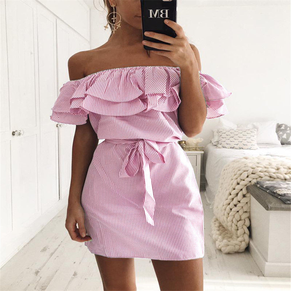 Europese Stijl Gestreepte Off-Shoulder Mini-Jurk met Ruches