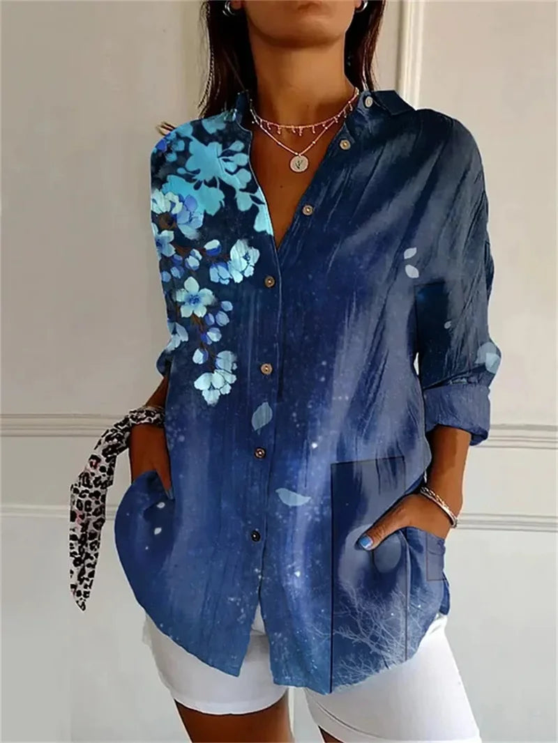 Dames Bloemenprint Shirt met Octopus 3D-Design Lange Mouwen