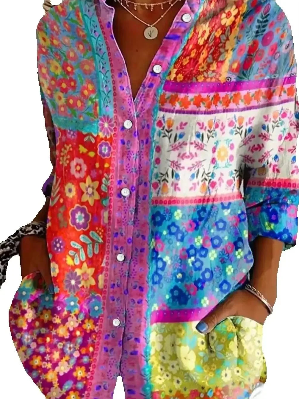 Bohemian Damesoverhemd met Geometrische Paardenprint en Lange Mouwen