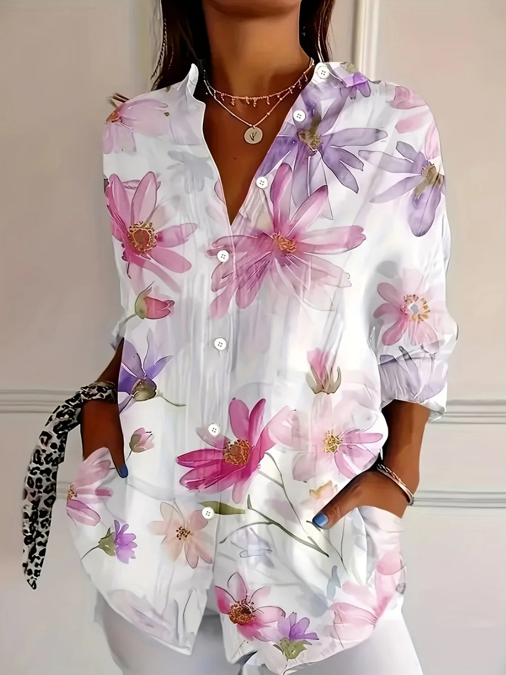 Damesbloes met Bloemenprint, Lange Mouwen en Knoopsluiting, Casual Stijl