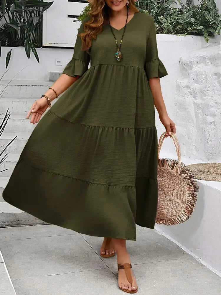 Oversized Maxi Jurk voor Dames, V-hals met Ruffle Mouwen