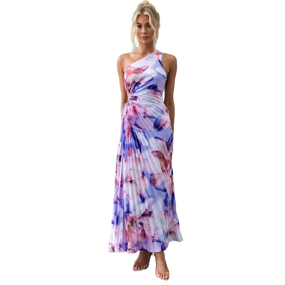 Bloemenprint Geplooide Jurk Dames Off-Shoulder Slim Fit Feestkleding