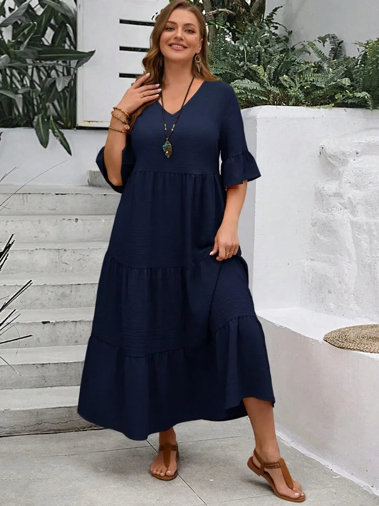 Oversized Maxi Jurk voor Dames, V-hals met Ruffle Mouwen