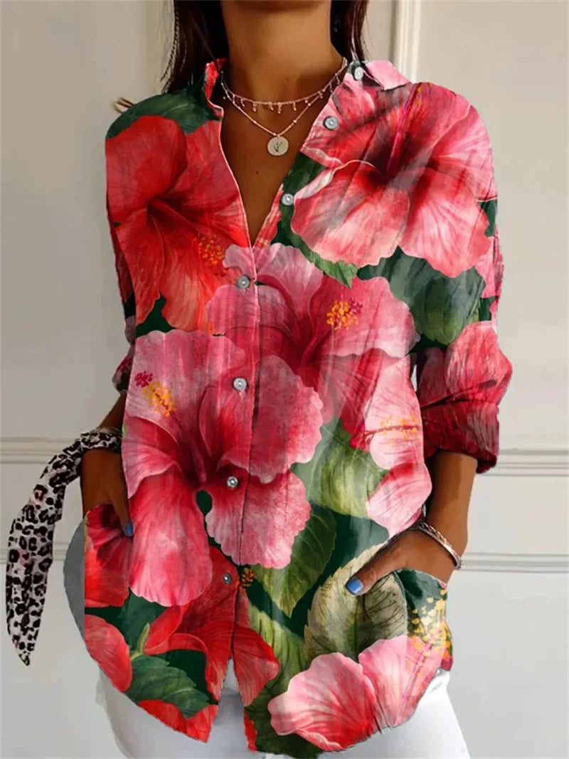 Dames Bloemenprint Shirt met Octopus 3D-Design Lange Mouwen