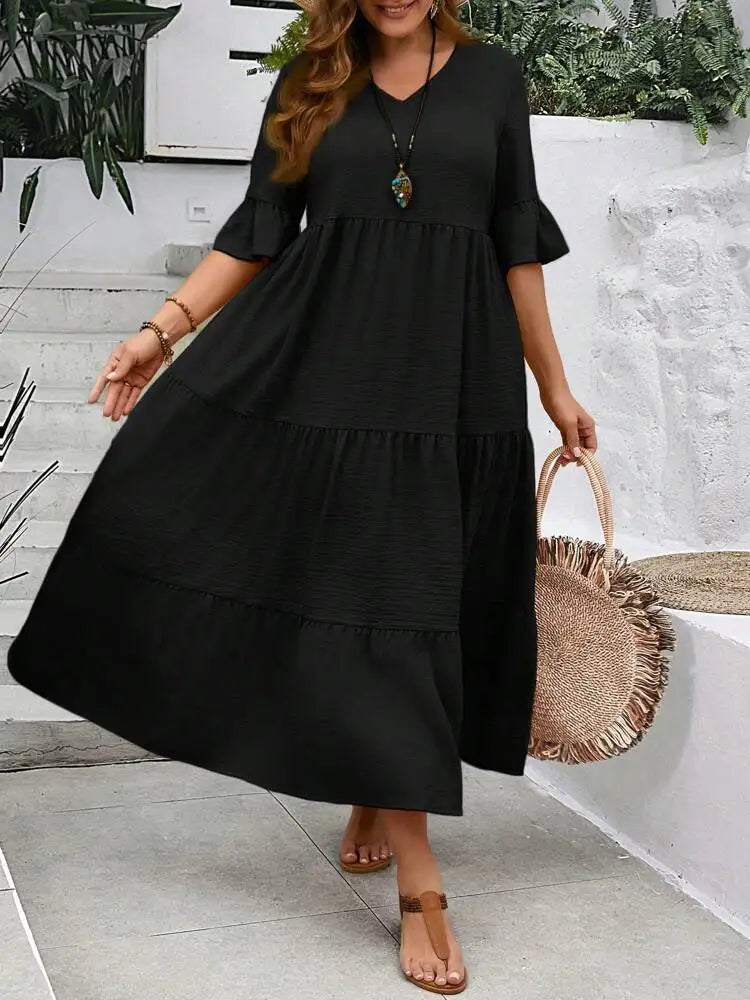 Oversized Maxi Jurk voor Dames, V-hals met Ruffle Mouwen
