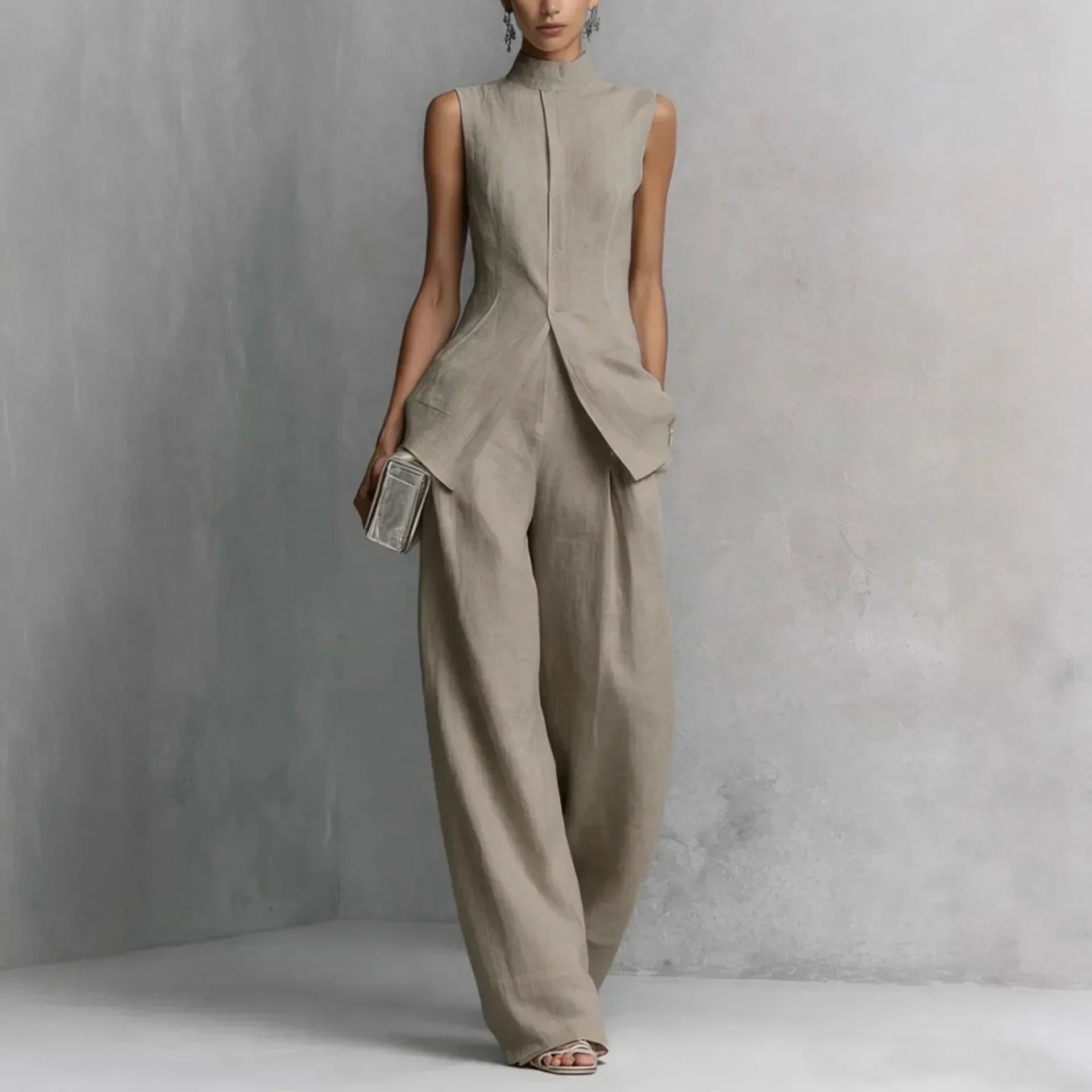 Casual Sleeveless Two-Piece Set with Wide-Leg Pants