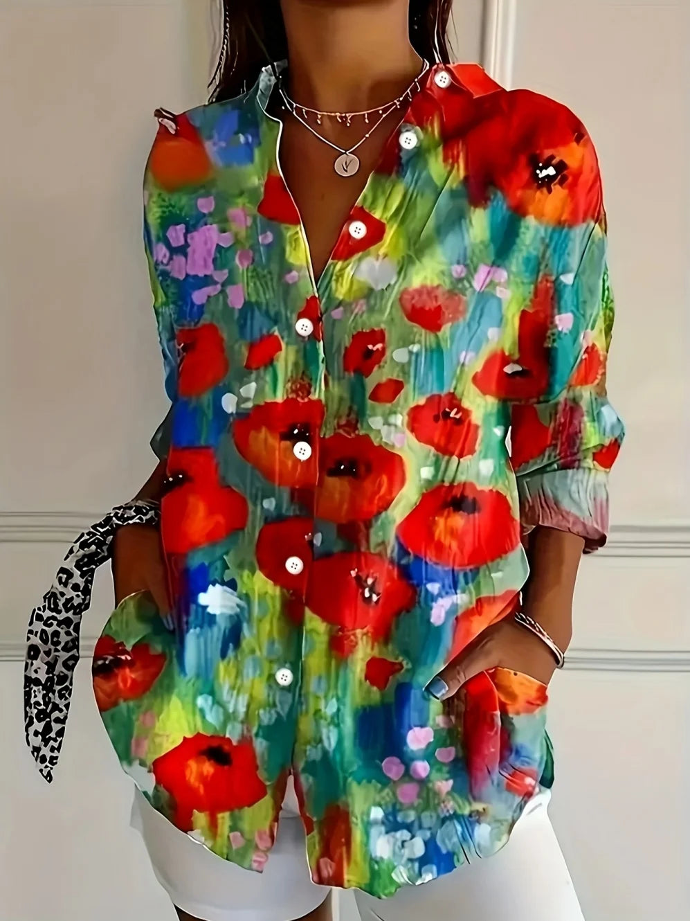 Damesbloes met Bloemenprint, Lange Mouwen en Knoopsluiting, Casual Stijl