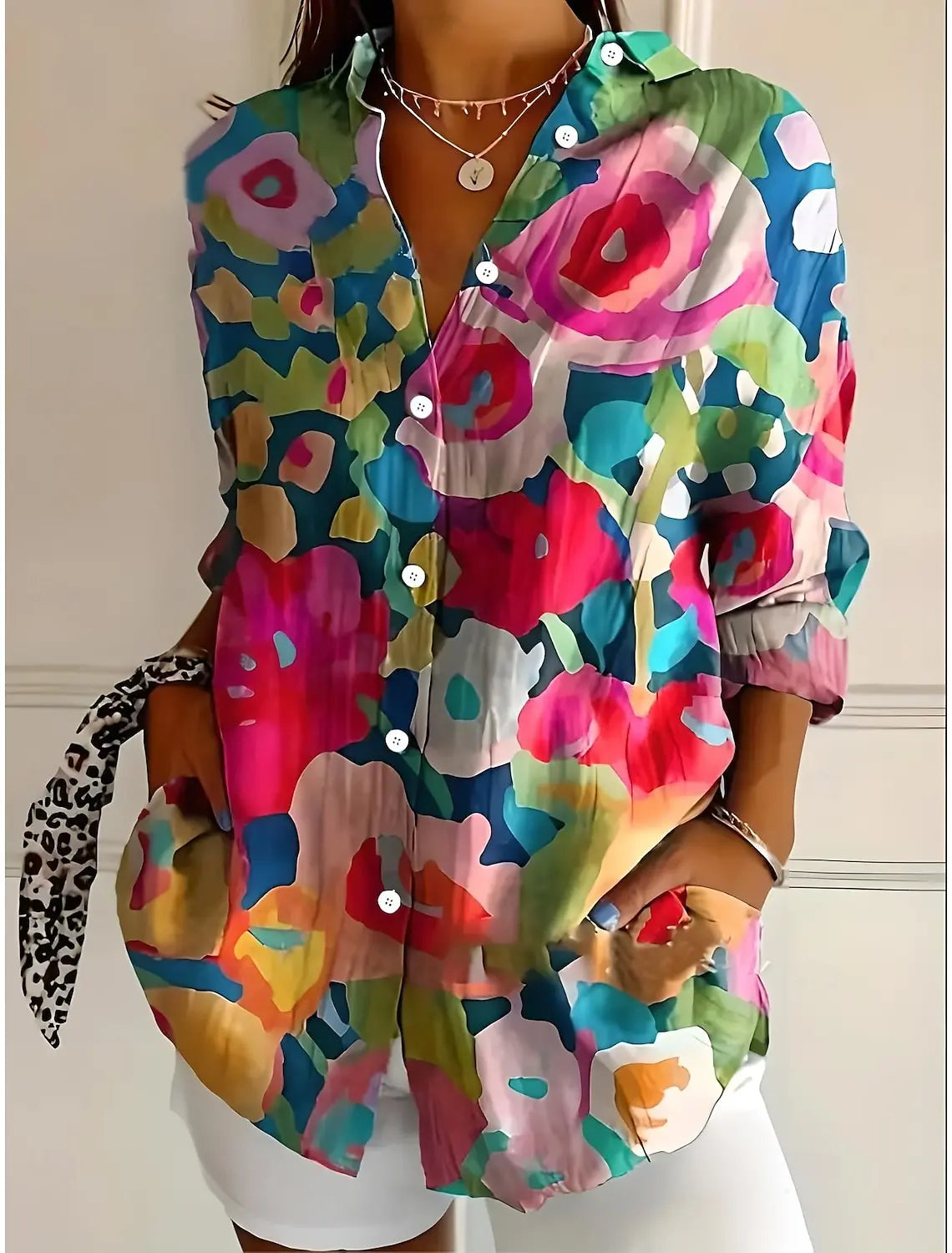 Damesblouse met 3D-Bloemenprint in Olieverfstijl en Lange Mouwen