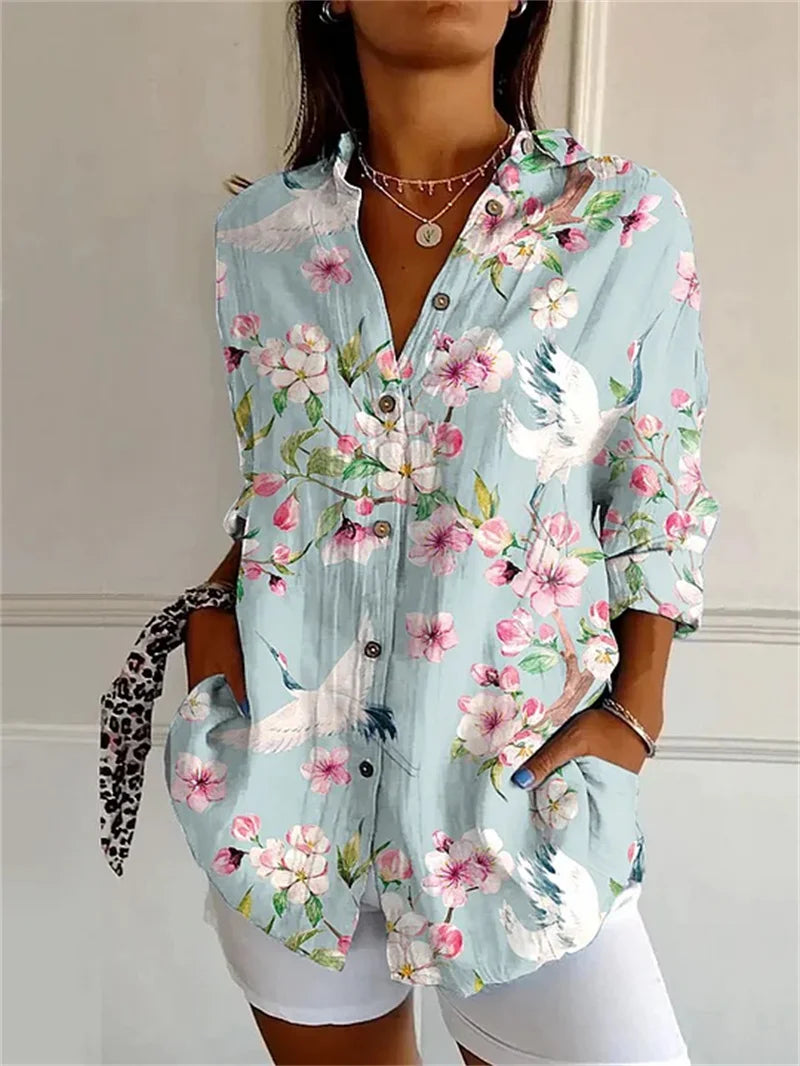 Dames Bloemenprint Shirt met Octopus 3D-Design Lange Mouwen