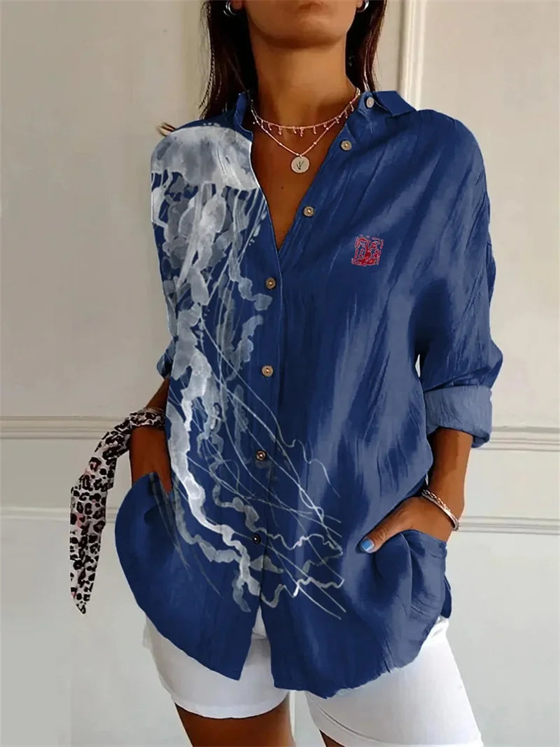 Dames Bloemenprint Shirt met Octopus 3D-Design Lange Mouwen
