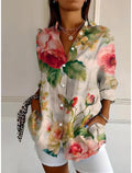 Damesblouse met 3D-Bloemenprint in Olieverfstijl en Lange Mouwen