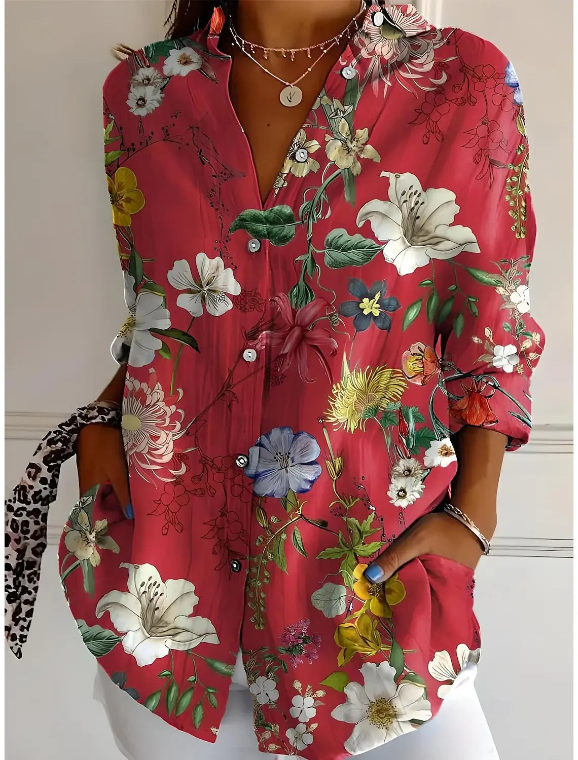 Damesblouse met 3D-Bloemenprint in Olieverfstijl en Lange Mouwen