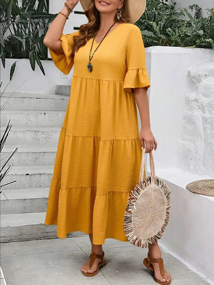 Oversized Maxi Jurk voor Dames, V-hals met Ruffle Mouwen