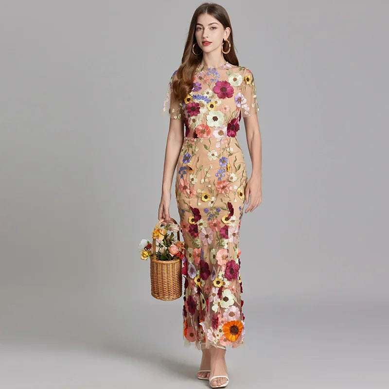 Elegante Geborduurde Fishtail Jurk met 3D Bloemen voor Dames