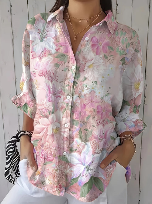 Damesbloes met Bloemenprint, Lange Mouwen en Knoopsluiting, Casual Stijl