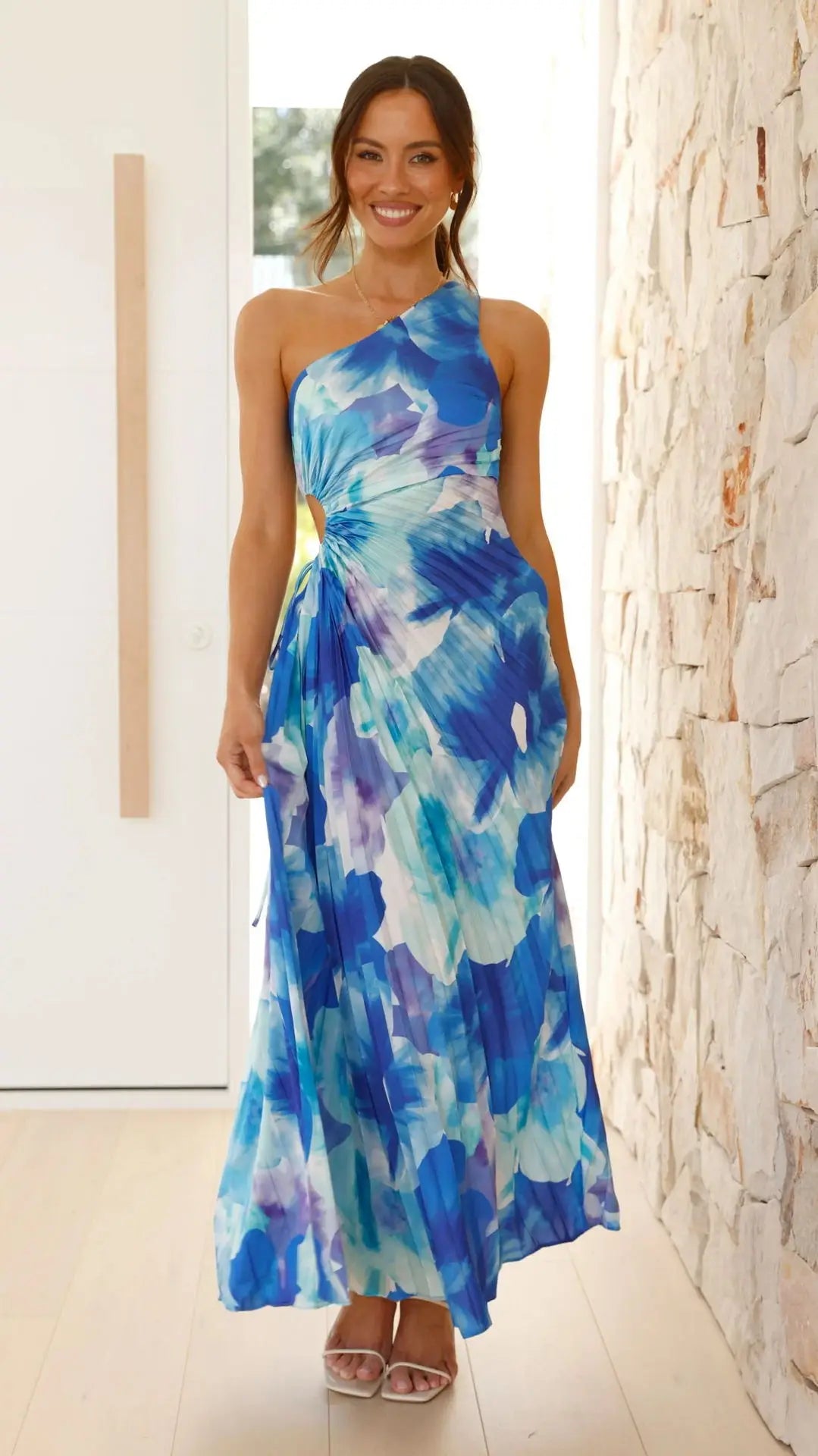 Bloemenprint Geplooide Jurk Dames Off-Shoulder Slim Fit Feestkleding