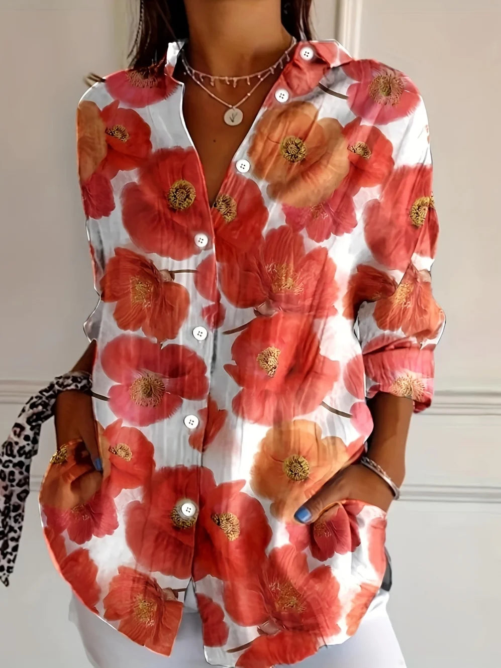Damesbloes met Bloemenprint, Lange Mouwen en Knoopsluiting, Casual Stijl