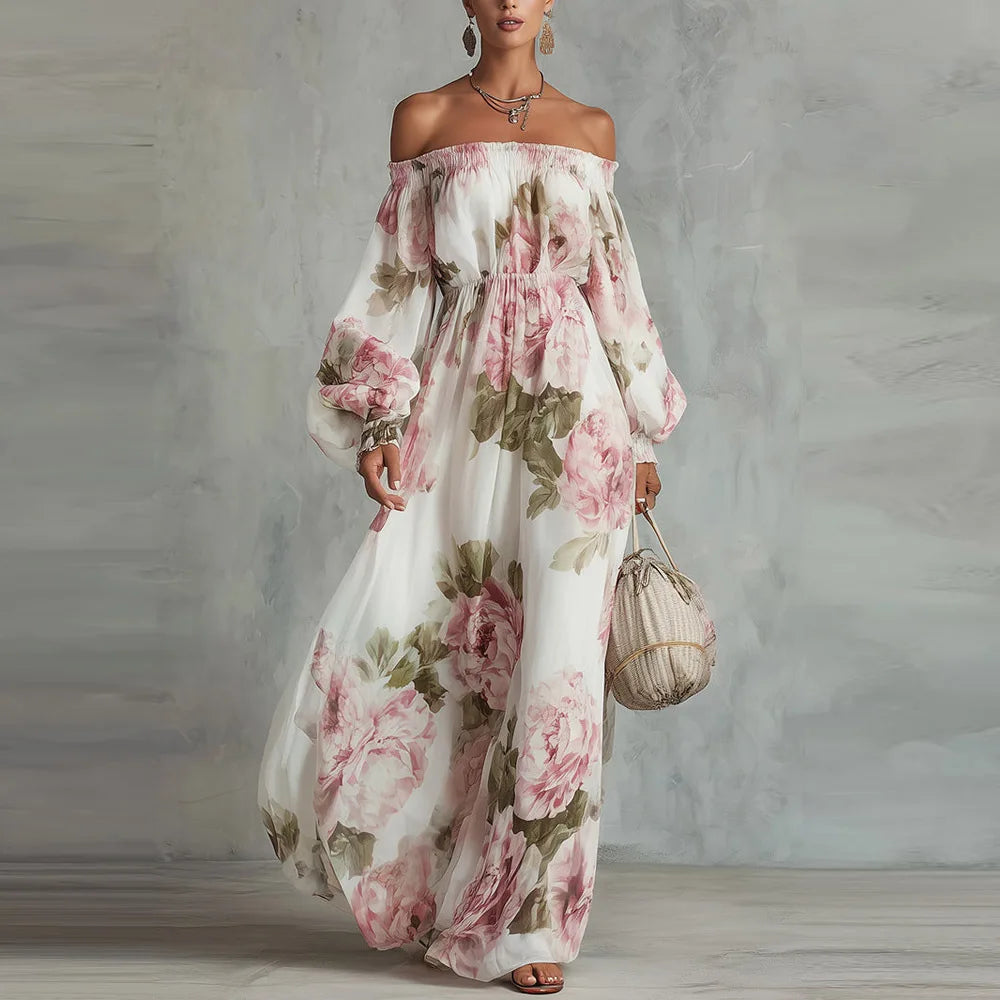 Wells & Monroe Peony Bloemrijke Maxi Jurk met Lange Mouwen