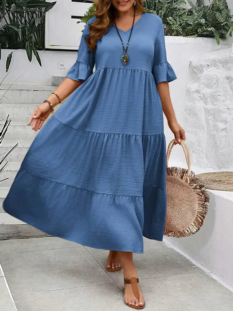 Oversized Maxi Jurk voor Dames, V-hals met Ruffle Mouwen