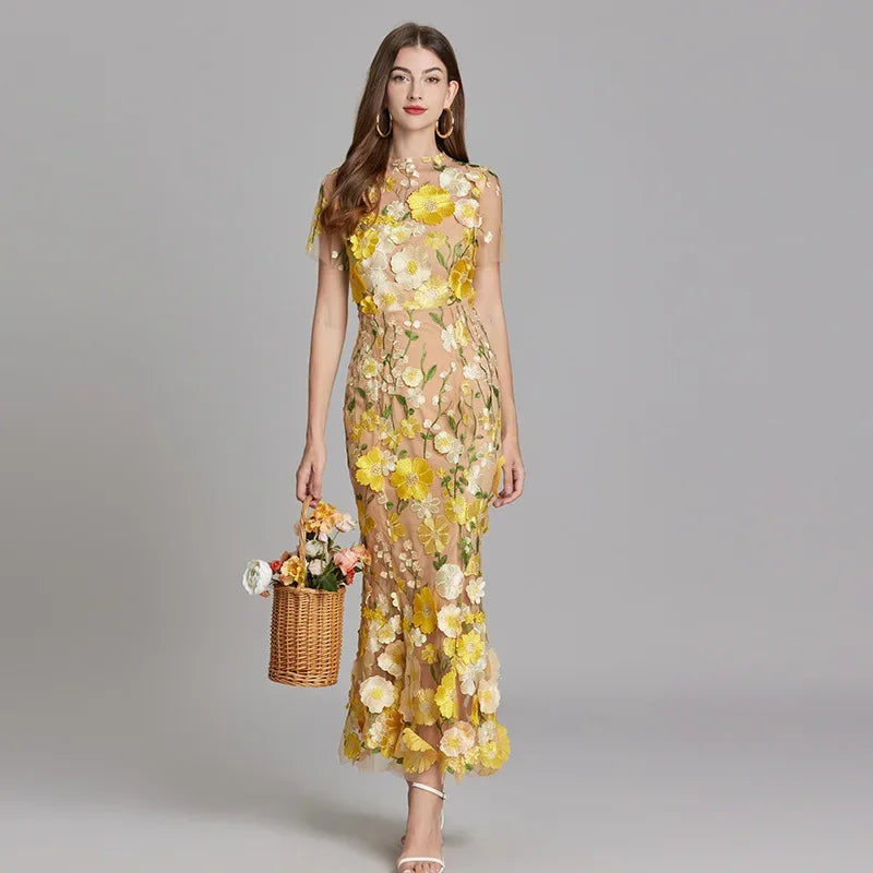 Elegante Geborduurde Fishtail Jurk met 3D Bloemen voor Dames