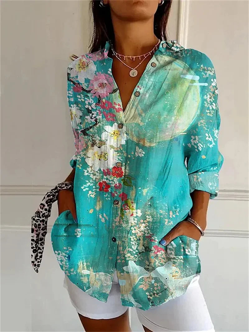 Dames Bloemenprint Shirt met Octopus 3D-Design Lange Mouwen