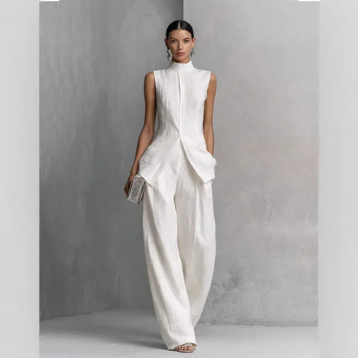 Casual Sleeveless Two-Piece Set with Wide-Leg Pants