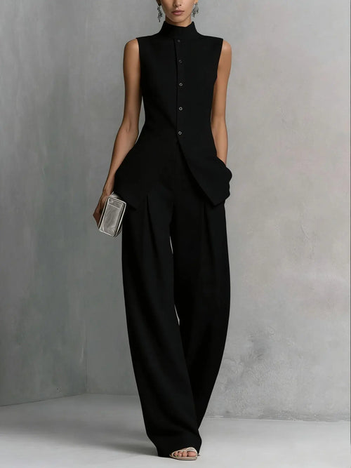 Casual Sleeveless Two-Piece Set with Wide-Leg Pants