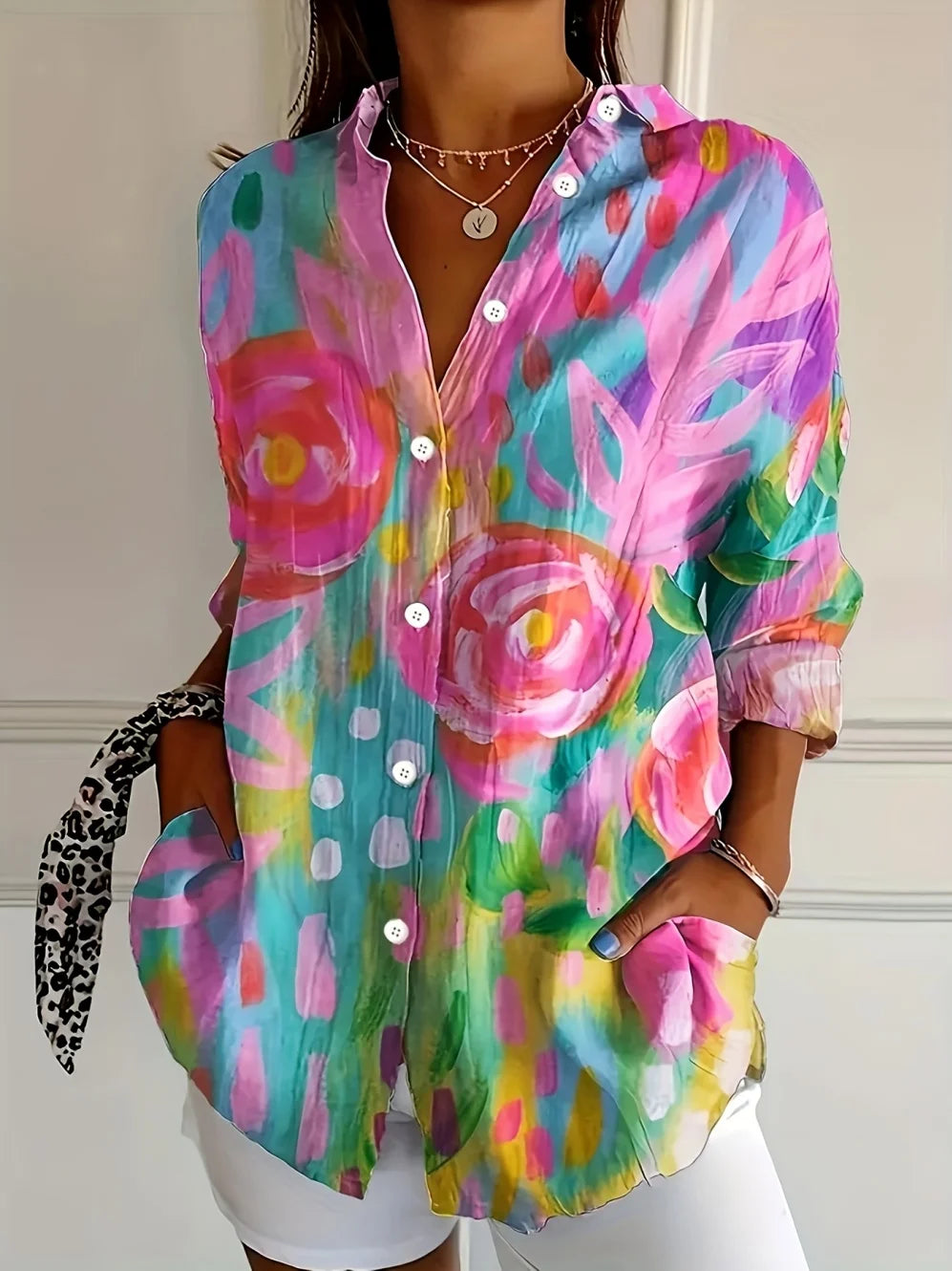 Damesbloes met Bloemenprint, Lange Mouwen en Knoopsluiting, Casual Stijl