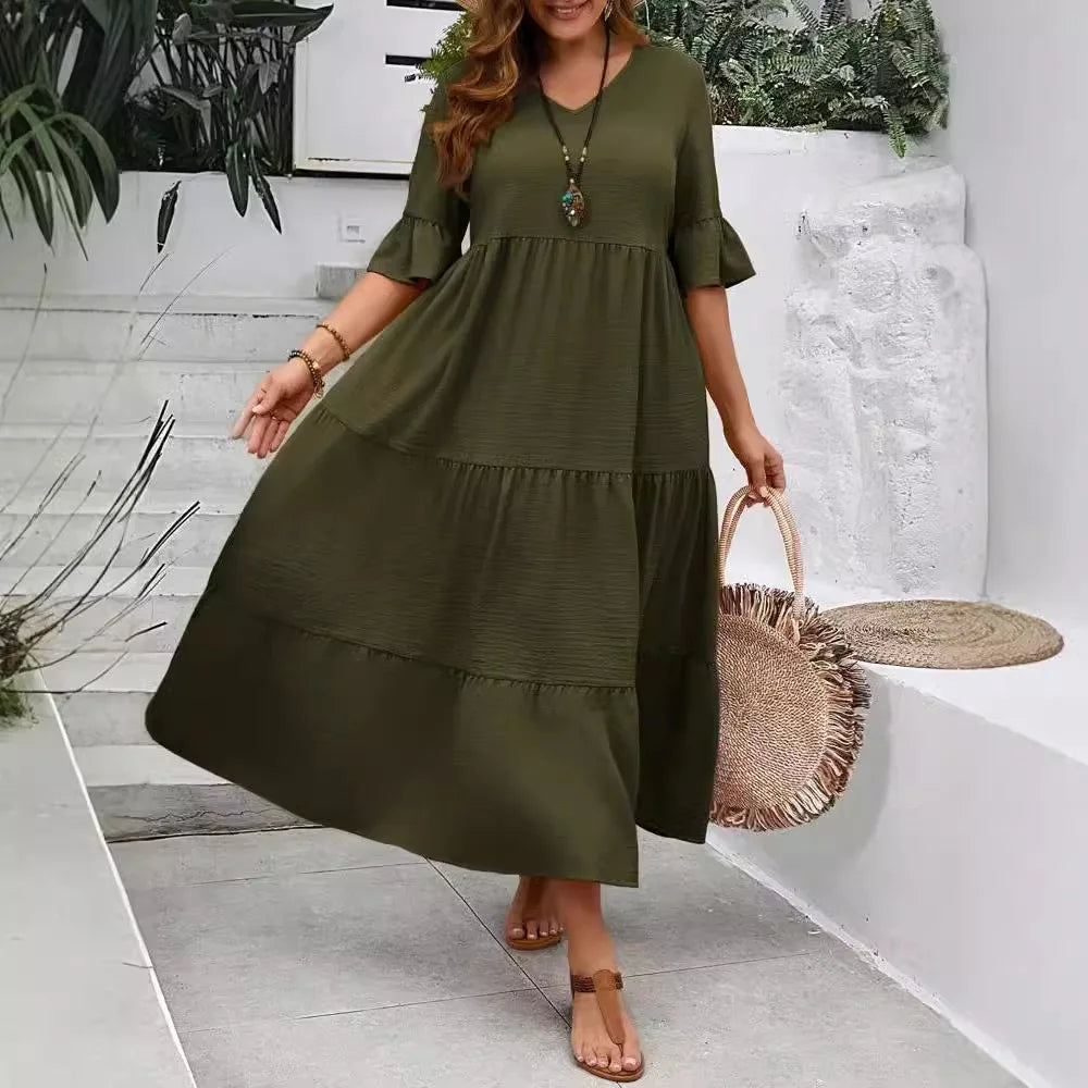 Oversized Maxi Jurk voor Dames, V-hals met Ruffle Mouwen