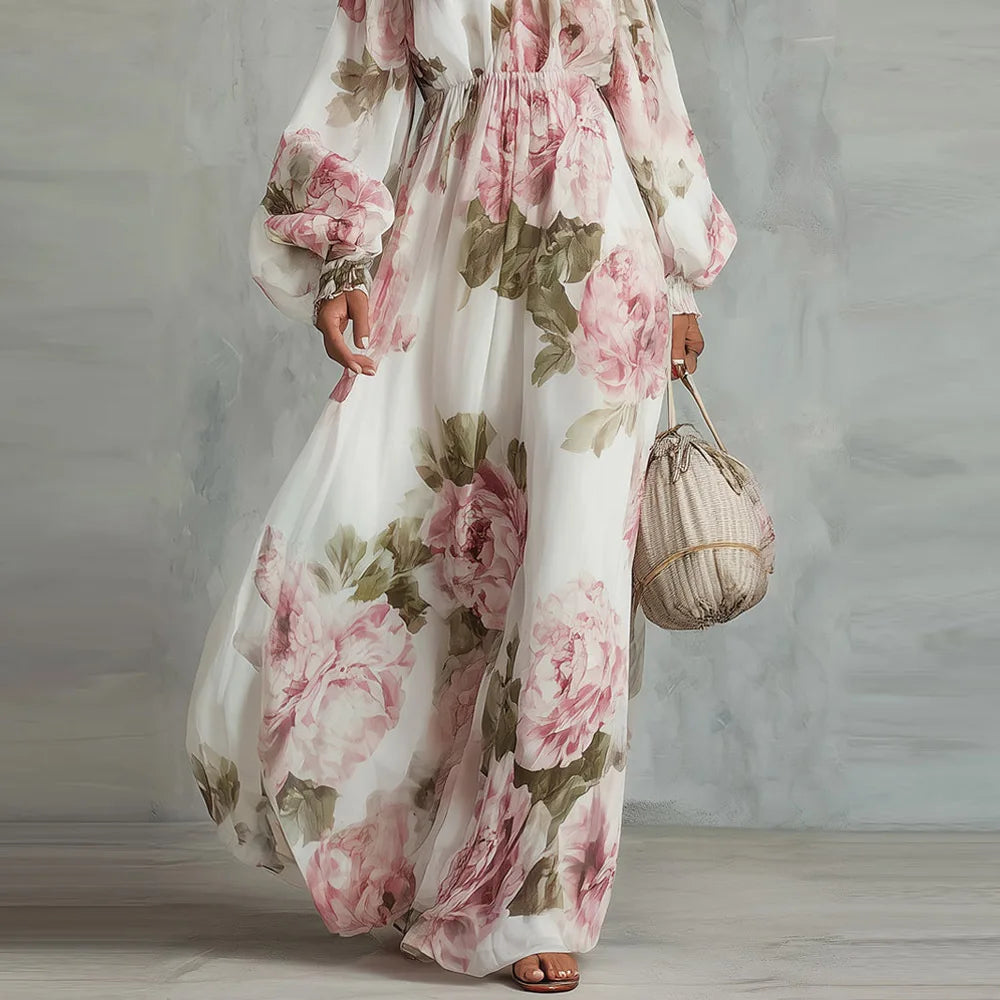 Wells & Monroe Peony Bloemrijke Maxi Jurk met Lange Mouwen