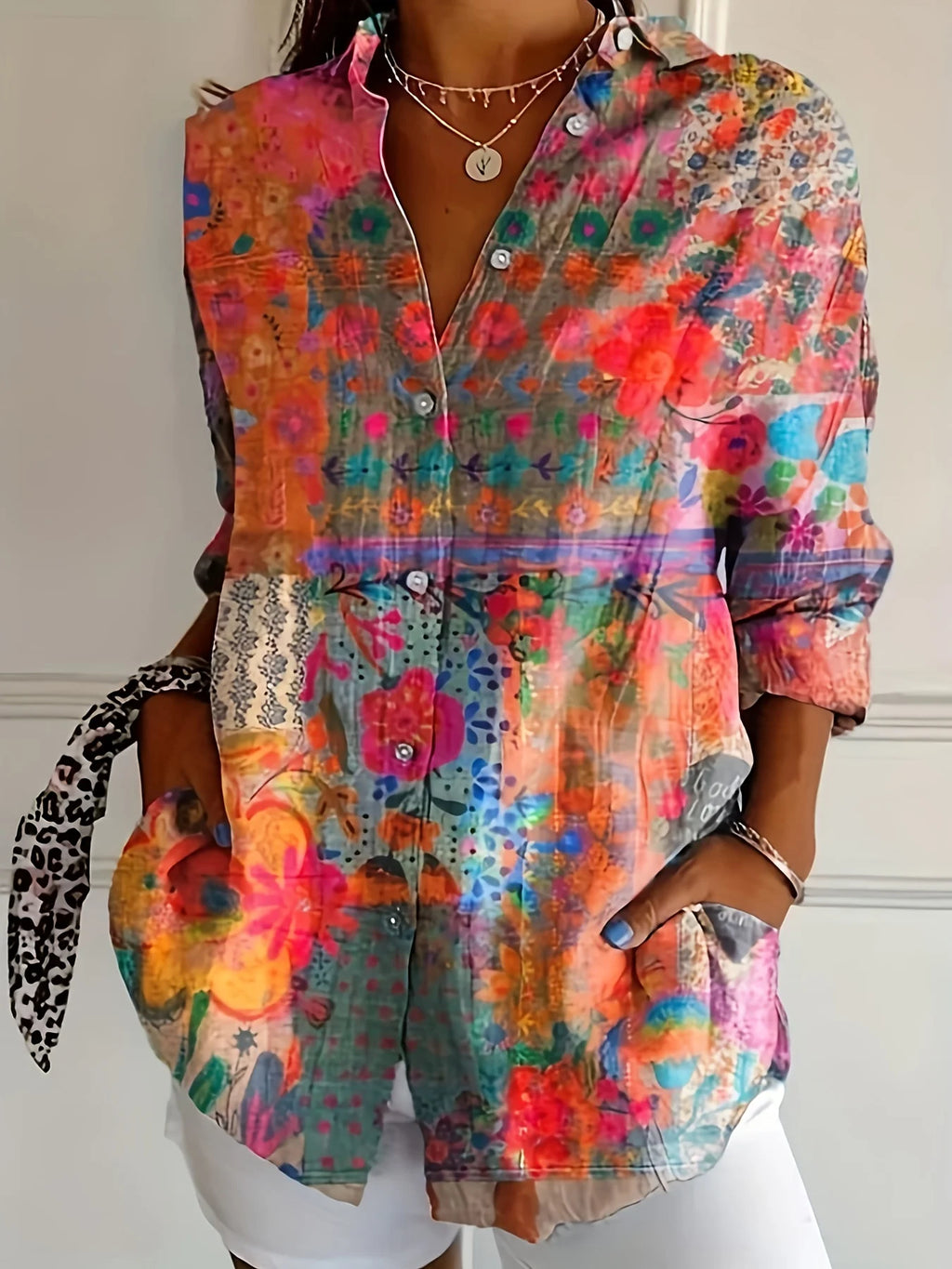Retro Bohemian Dameshemd met Lange Mouwen en Bloemenprint