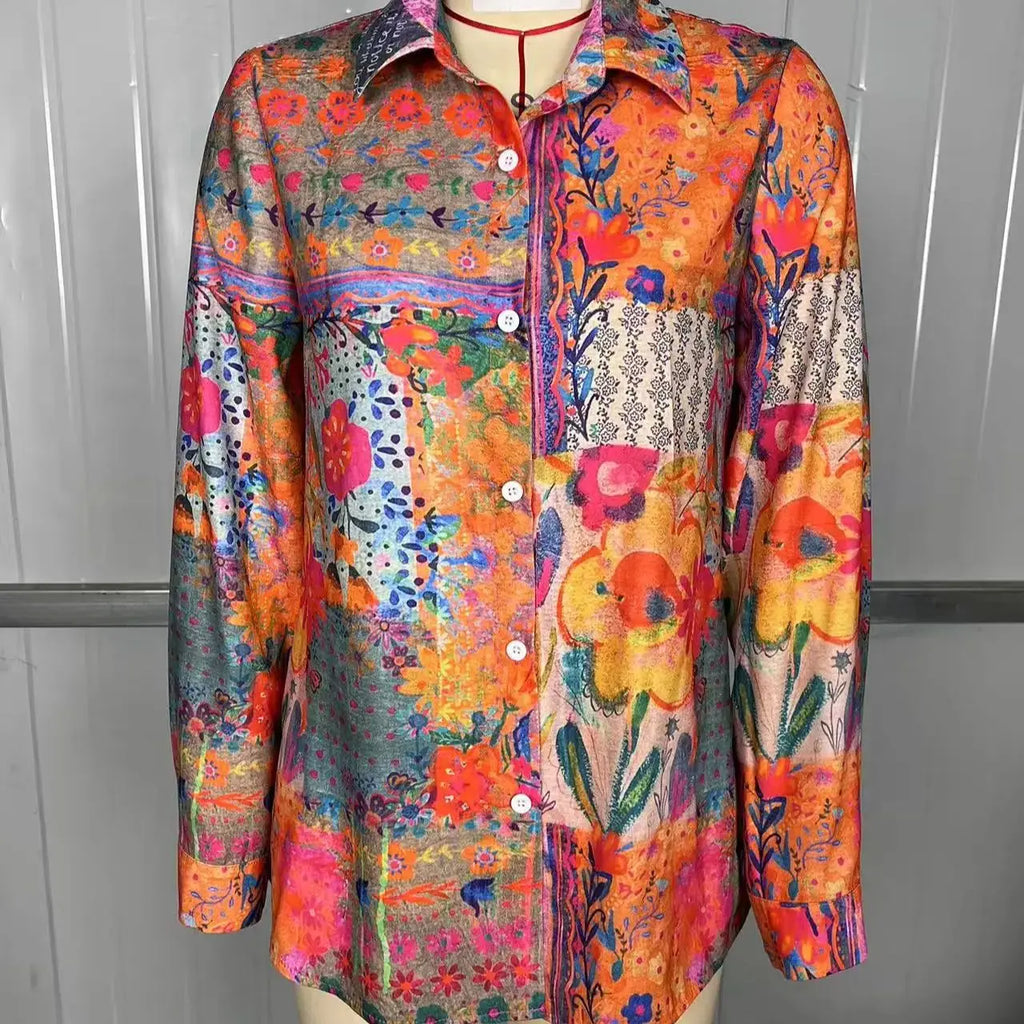 Retro Bohemian Dameshemd met Lange Mouwen en Bloemenprint
