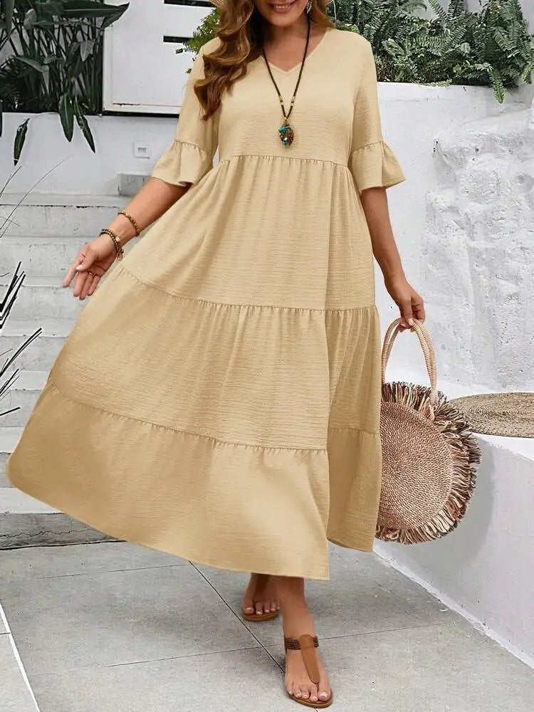 Oversized Maxi Jurk voor Dames, V-hals met Ruffle Mouwen