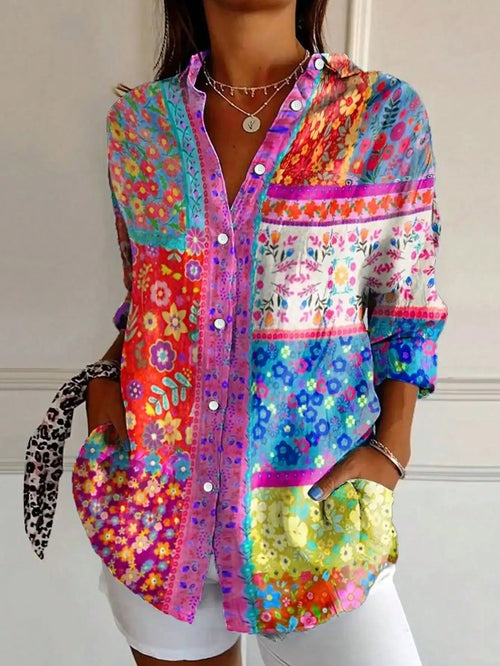 Bohemian Damesoverhemd met Geometrische Paardenprint en Lange Mouwen