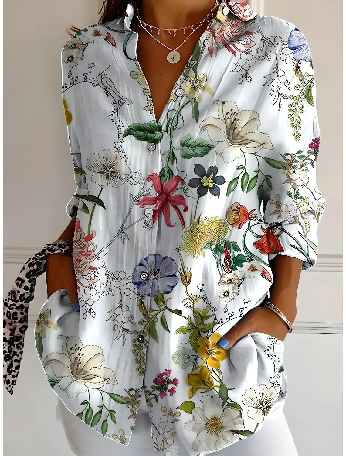 Damesblouse met 3D-Bloemenprint in Olieverfstijl en Lange Mouwen