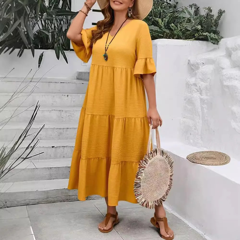 Oversized Maxi Jurk voor Dames, V-hals met Ruffle Mouwen
