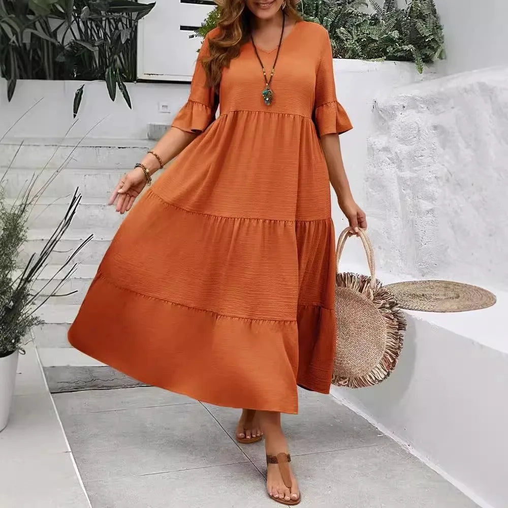 Oversized Maxi Jurk voor Dames, V-hals met Ruffle Mouwen