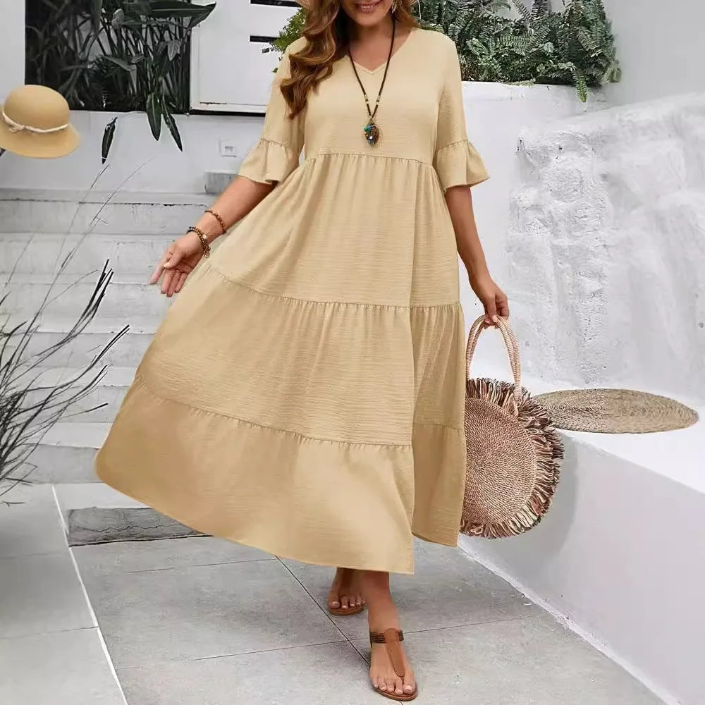Oversized Maxi Jurk voor Dames, V-hals met Ruffle Mouwen