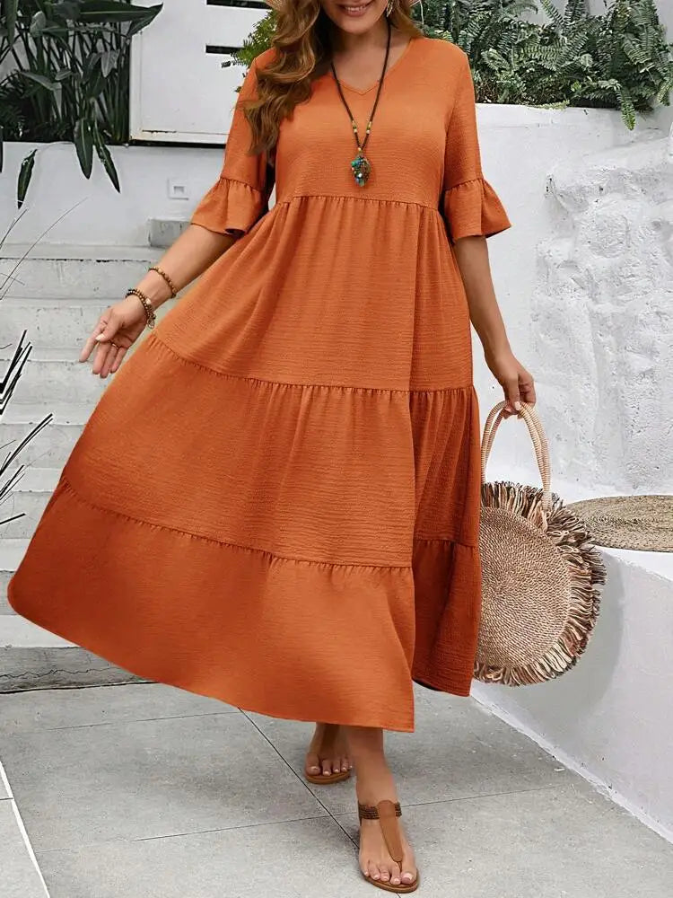 Oversized Maxi Jurk voor Dames, V-hals met Ruffle Mouwen
