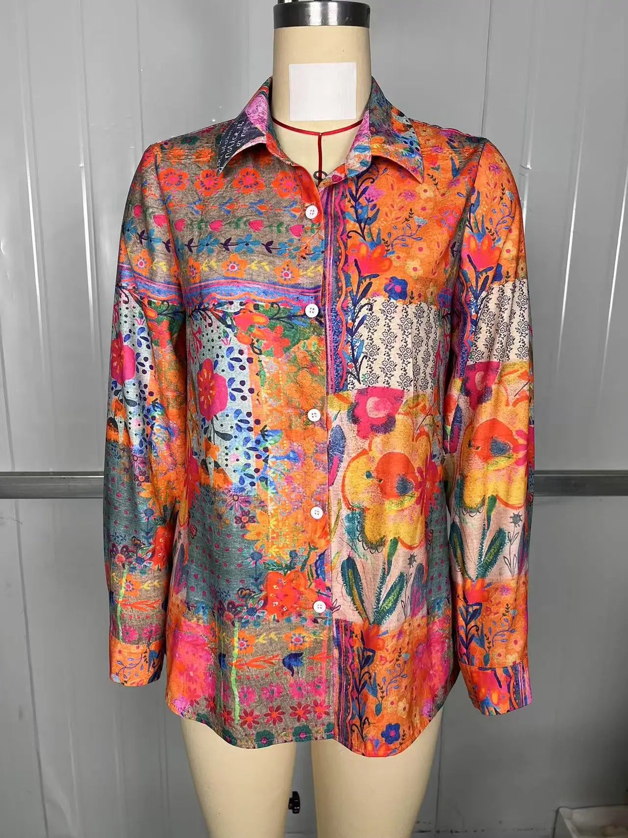 Retro Bohemian Dameshemd met Lange Mouwen en Bloemenprint
