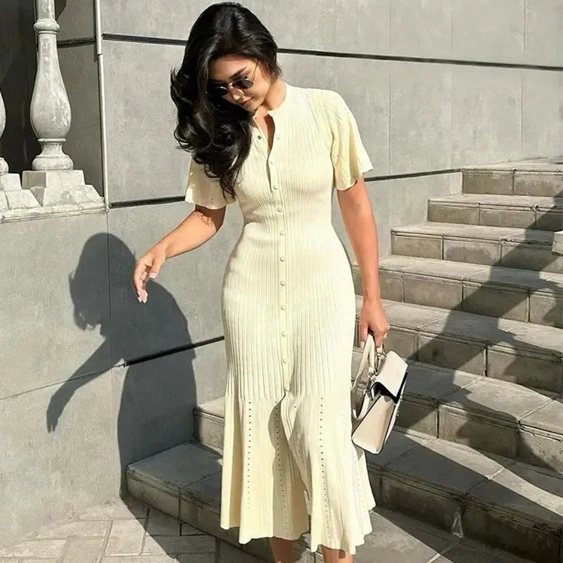 Elegant Knitted Maxi Dress with Pleat Details and Ruffle Hem for Women