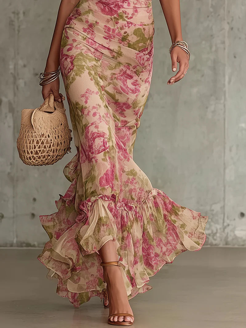Wells & Monroe Charleston Vintage Rozenprint Maxi Jurk met Pofmouwen