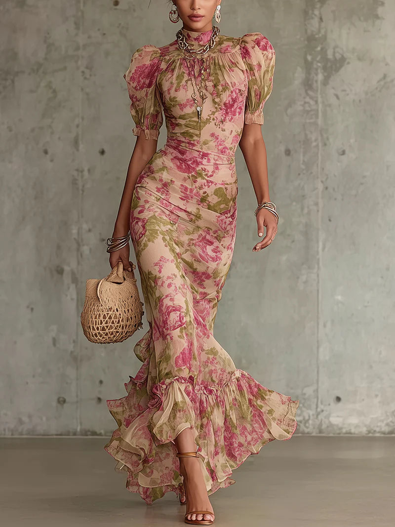 Wells & Monroe Charleston Vintage Rozenprint Maxi Jurk met Pofmouwen