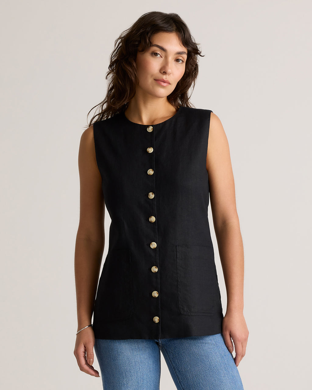 Quince 100% Europees Linnen Longline Gilet Dames Knoopsluiting Mouwloze Top