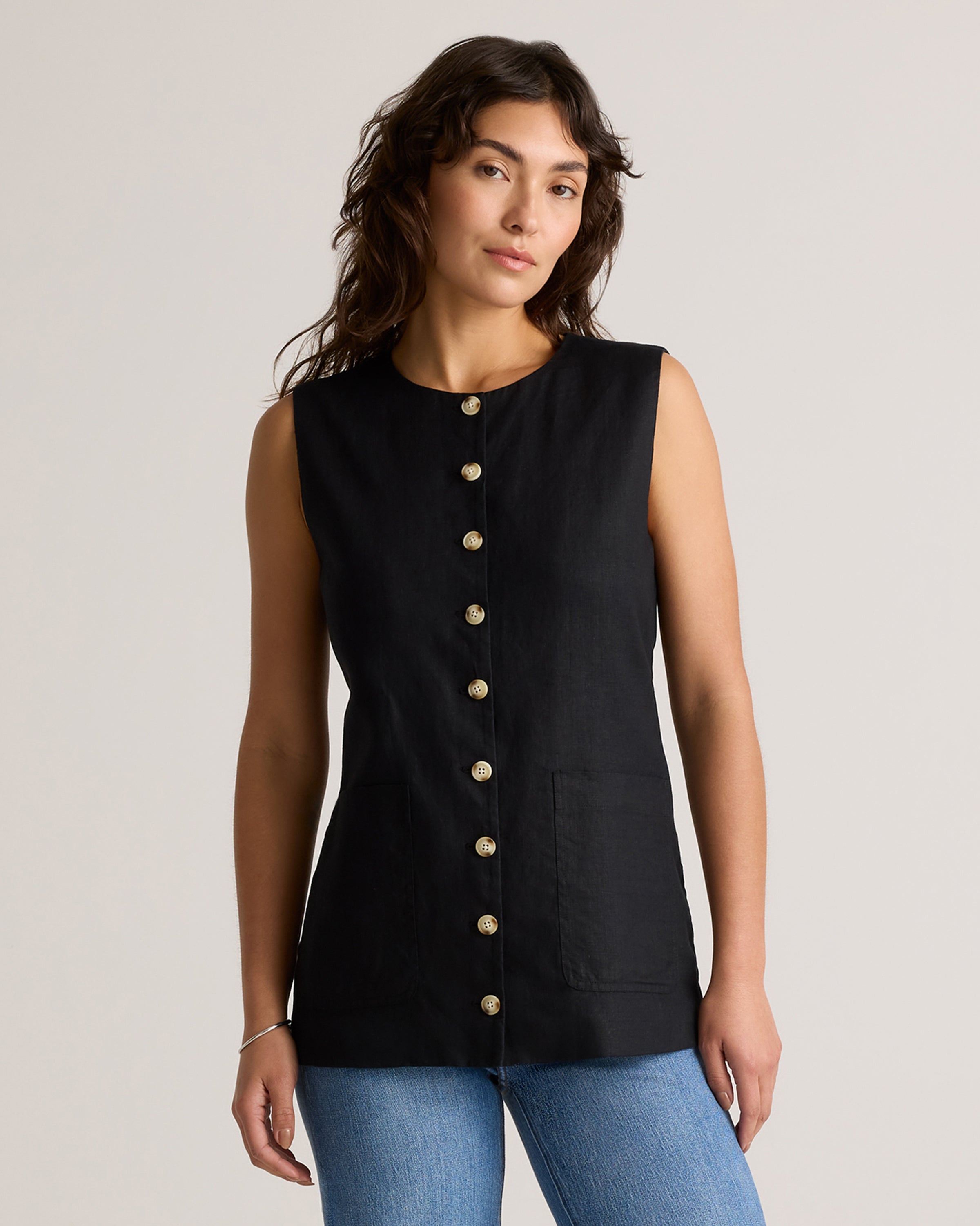 Quince 100% Europees Linnen Longline Gilet Dames Knoopsluiting Mouwloze Top